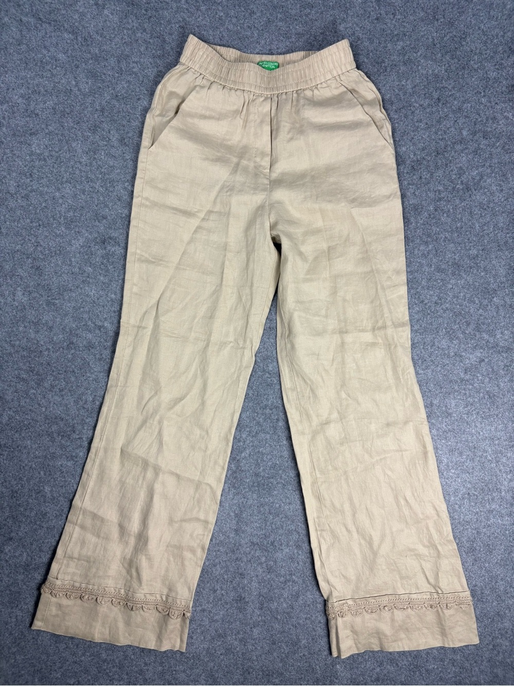 Benetton Pure Linen Pull-On Wide Leg Pants XS Beige Lace Trim